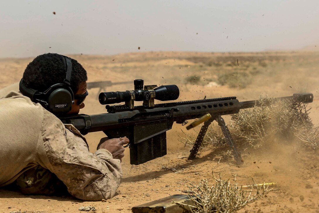 A Marine fires an M107 sniper rifle.