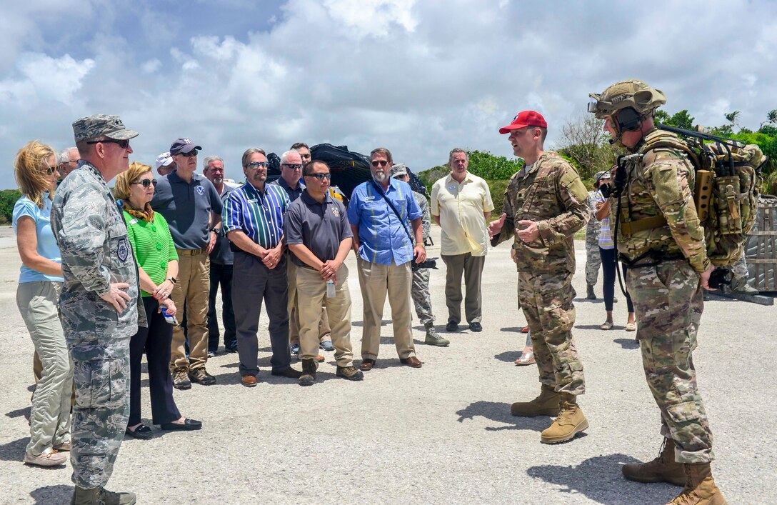 Expeditionary engineers of 554th RED HORSE Assault Assessment and Repair Operations brief Air Force Vice Chief of Staff Gen. Stephen Wilson and a group of Air Force civic leaders at North-west Field, Andersen Air Force Base, Guam, April 28, 2018. Civic leader visits offer select community members access to military missions to encourage and foster positive relationships between the local hosts and military communities. (U.S. Air Force photo by Airman 1st Class Christopher Quail)