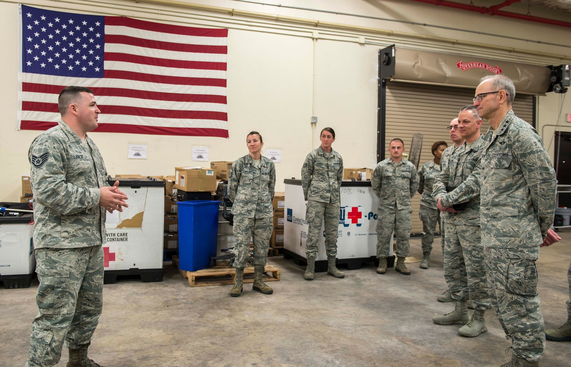 Lt. Gen. Mark A. Ediger, Air Force surgeon general, and Chief Master Sgt. George Cum, medical enlisted force and enlisted corps chief, speaks to Airmen in the Andersen Clinic, April 17, 2018, at Andersen Air Force Base, Guam. Ediger and Cum toured various medical facilities within the group to observe the progress and challenges of AF military treatment facilities. (U.S. Air Force photo by Airman 1st Class Christopher Quail)
