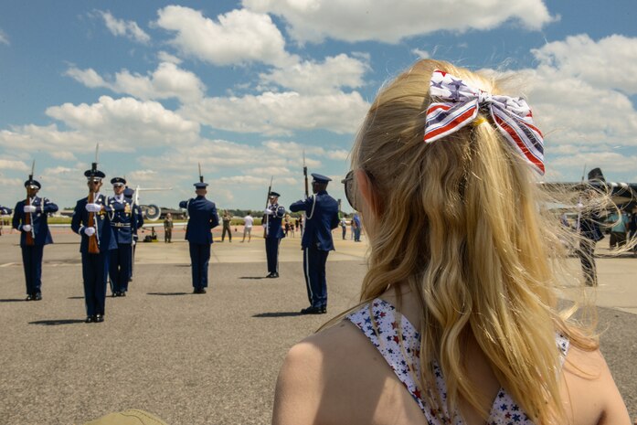 Members of the United States Air Force Honor Guard Drill Team perform during the 2018 Air and Space Expo at Joint Base Charleston, S.C. April 28, 2018.