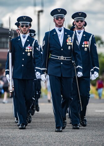 Members of the United States Air Force Honor Guard Drill Team perform during the 2018 Air and Space Expo at Joint Base Charleston, S.C. April 28, 2018.