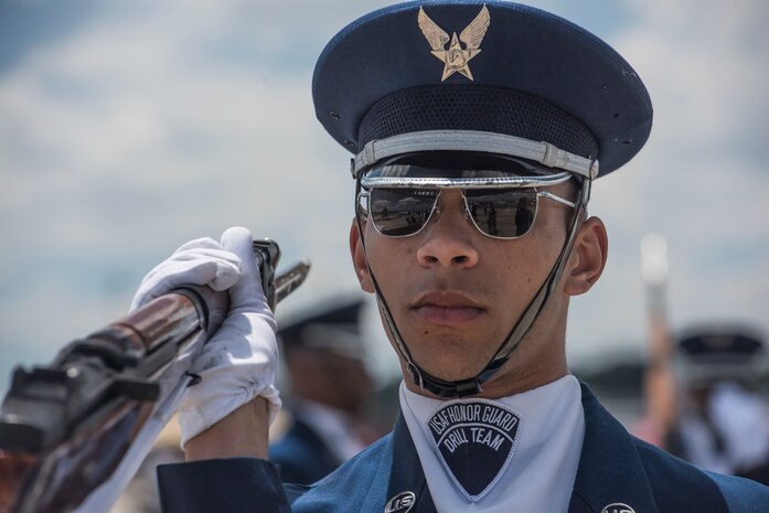 Members of the United States Air Force Honor Guard Drill Team perform during the 2018 Air and Space Expo at Joint Base Charleston, S.C. April 28, 2018.