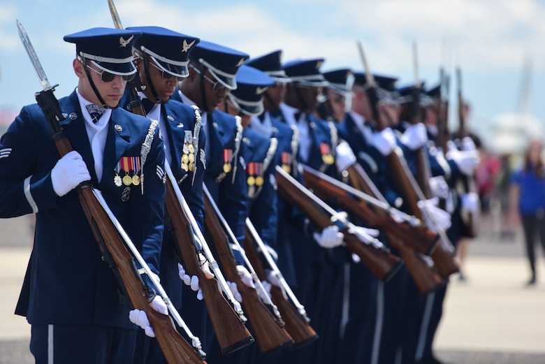 Members of the United States Air Force Honor Guard Drill Team perform during the 2018 Air and Space Expo at Joint Base Charleston, S.C. April 28, 2018.