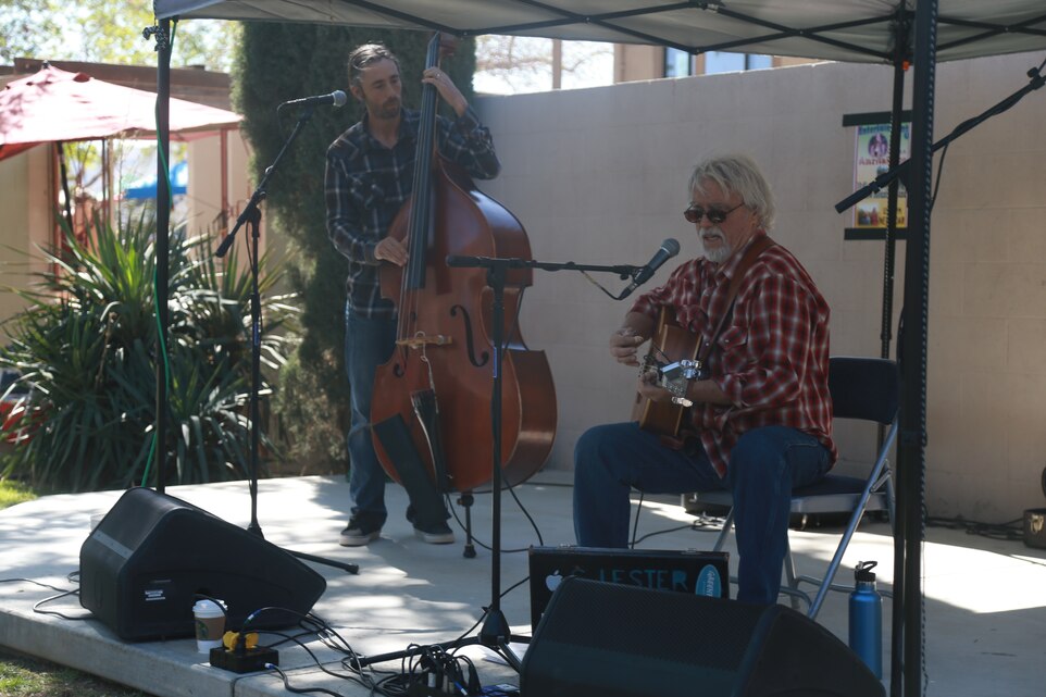 A band plays during the Earth Day Festival in Yucca Valley, Calif., April 21, 2018. The festival was held by the Hi-Desert Nature Museum to raise environmental consciousness and educate the public on wildlife conservation and resource management. (U.S. Marine Corps photo by Lance Cpl. Preston L. Morris)