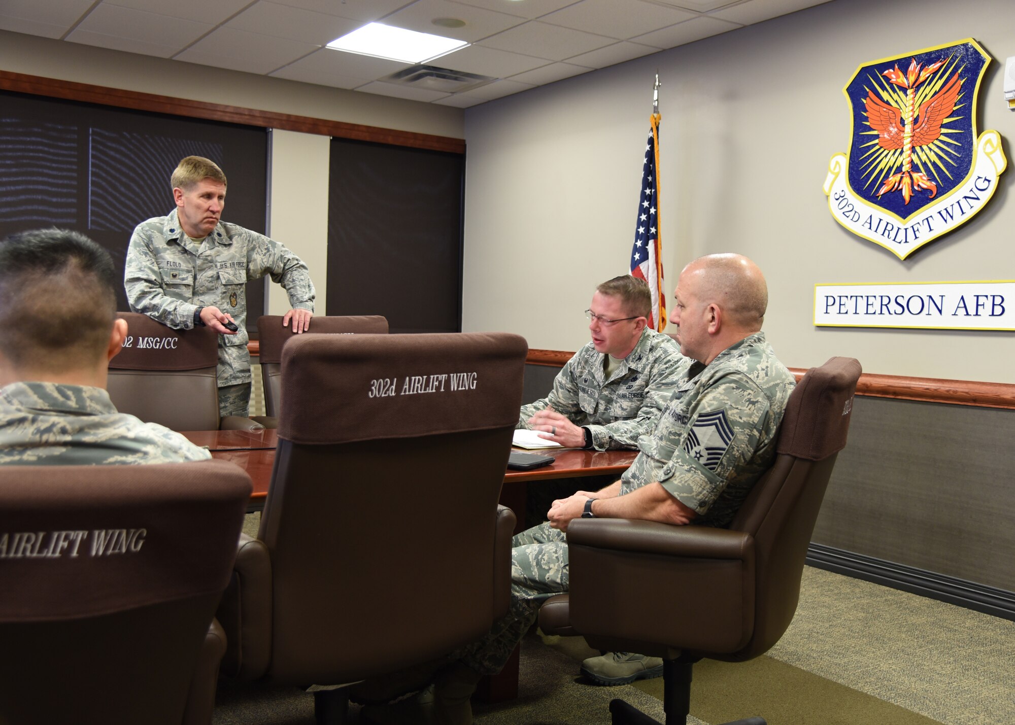 Lt. Col. Alan Flolo, 302nd Airlift Wing Inspector General Inspections, discusses the status of the Commanders Inspection Program during a meeting at Peterson Air Force Base, Colorado, April 24, 2018. The 403rd Wing Inspector General Inspections Division and 403rd Wing Process Manager visited their counterparts at Peterson Air Force Base, Colorado, to learn more about how the two offices can work together to be more efficient and improve the unit. (U.S. Air Force photo/Maj. Marnee A.C. Losurdo)