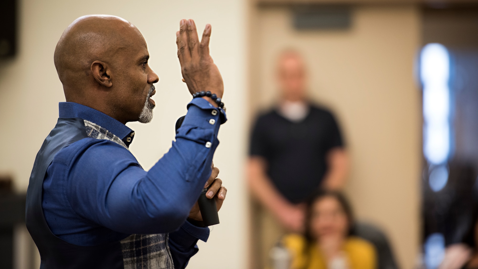 Tony Porter, founder of "A Call to Men," speaks to service members at an event during Sexual Assault Awareness and Prevention Month April 17, 2018 at Joint Base McGuire-Dix-Lakehurst, N.J. "A Call to Men" is a violence prevention organization that partners with the Defense Department to raise awareness and encourage healthy relationships between men and women. (U.S. Air Force photo by Tech. Sgt. Katherine Spessa)