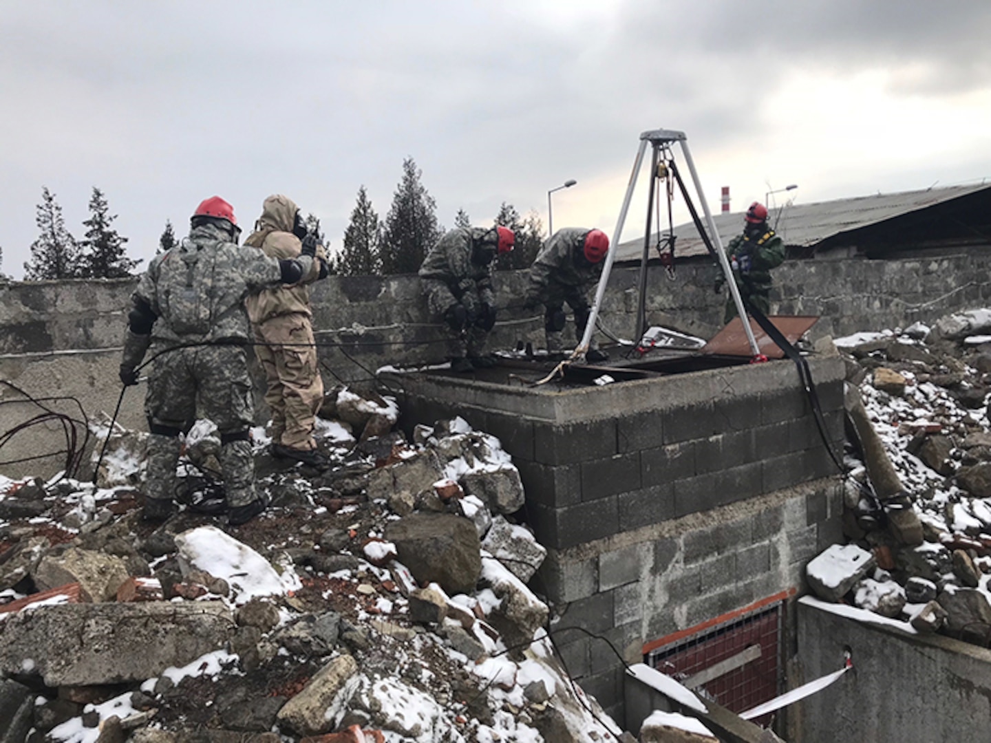 Texas Army National Guard engineers from the 836h Engineer Company, 136th Maneuver Enhancement Brigade, work alongside soldiers from the Indiana National Guard, the Czech Republic and Slovakia in support of Operation Toxic Lance, a search and rescue exercise involving a chemical warfare scenario, March 12-23, 2018, at Training Area Lest in central Slovakia. The soldiers were brought together as part of the National Guard Bureau’s State Partnership Program that focuses on building interoperability and strengthening international relationships through military-to-military exchanges.