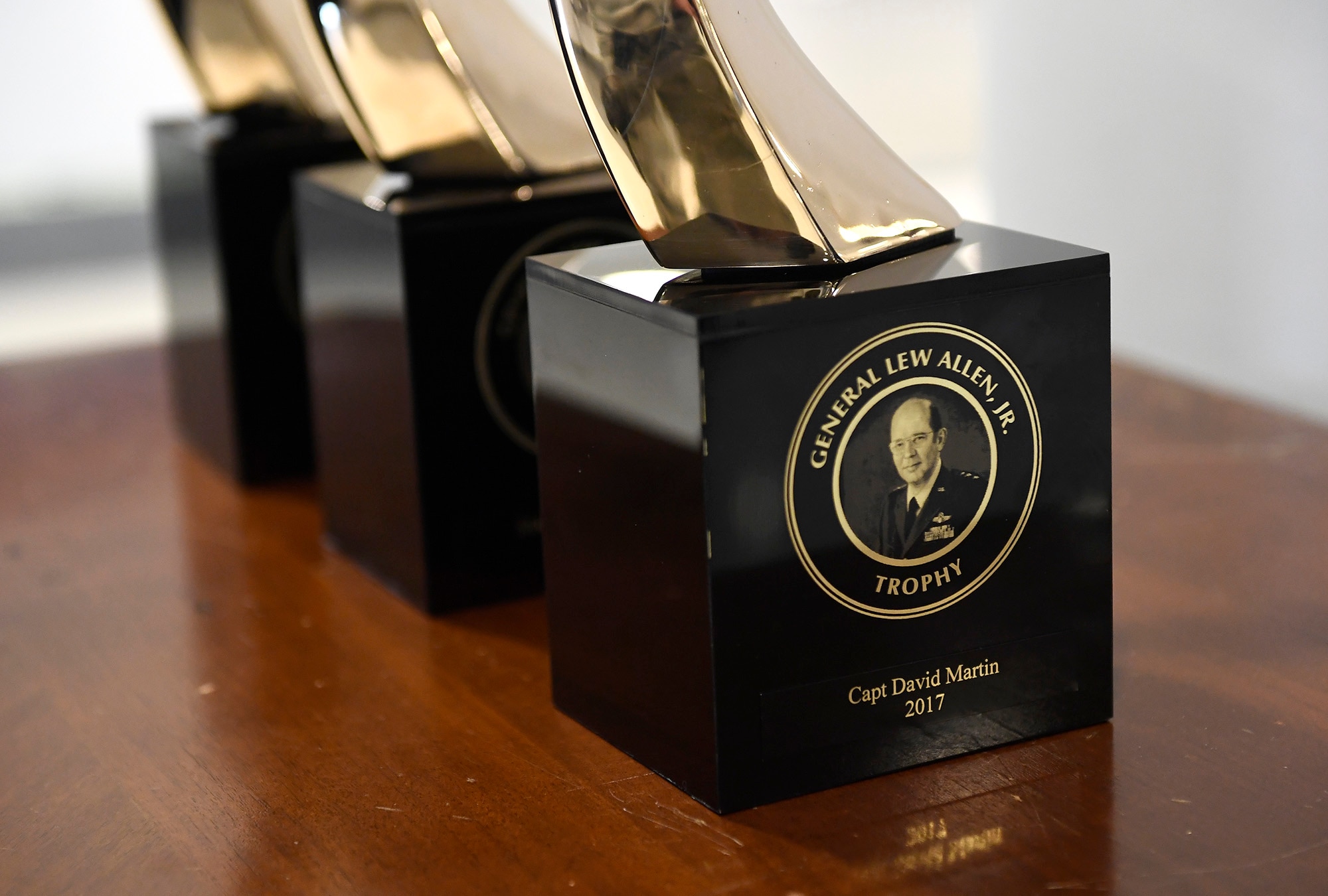 Gen. Lew Allen Jr. trophies are on display prior to the Gen. Lew Allen Jr., award ceremony at the Pentagon, Arlington, Va., April 27, 2018. The annual award, named after the 10th Air Force chief of staff, recognizes the accomplishments of base-level officers and senior NCOs in their performance of aircraft, munitions or missile maintenance. (U.S. Air Force photo by Staff Sgt. Rusty Frank)