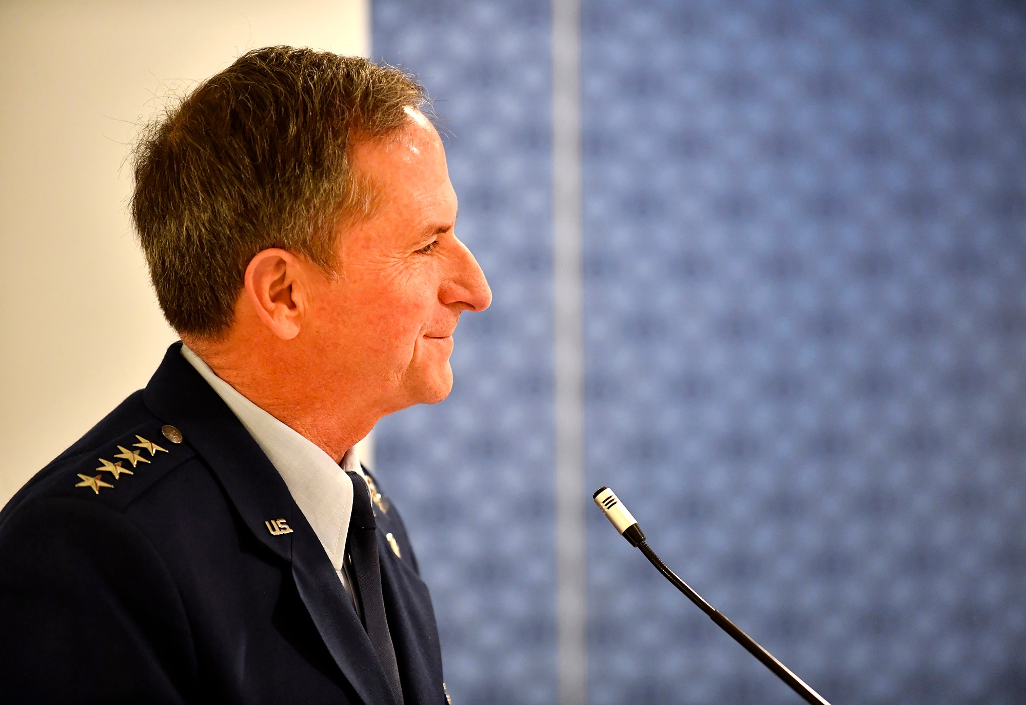 Chief of Staff of the Air Force Gen. David L. Goldfein speaks during the Gen. Lew Allen Jr. award ceremony at the Pentagon, Arlington, Va., April 27, 2018. The annual award, named after the 10th CSAF, recognizes the accomplishments of base-level officers and senior NCOs in their performance of aircraft, munitions or missile maintenance. (U.S. Air Force photo by Staff Sgt. Rusty Frank)