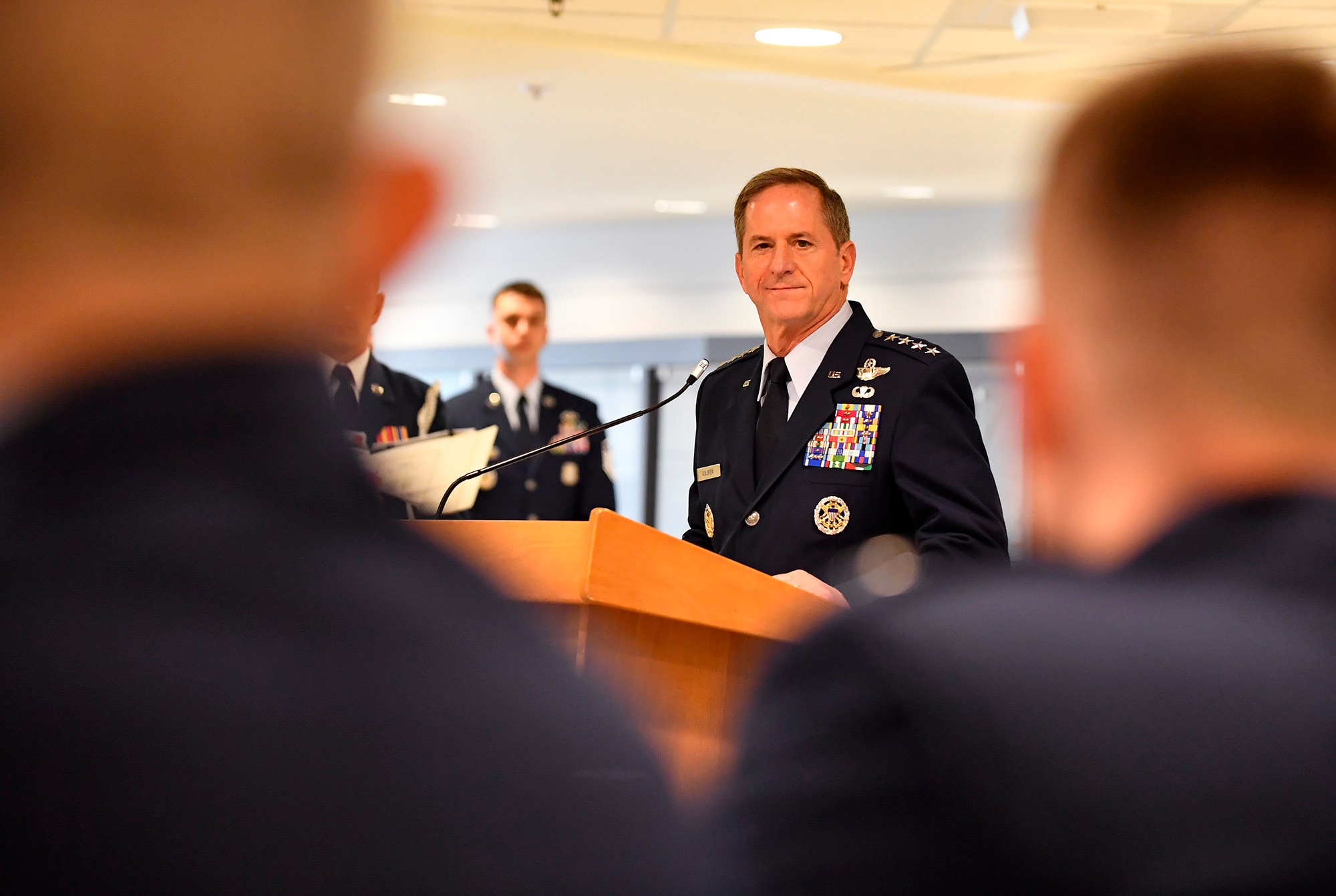 Chief of Staff of the Air Force Gen. David L. Goldfein speaks during the Gen. Lew Allen Jr. award ceremony at the Pentagon, Arlington, Va., April 27, 2018. The annual award, named after the 10th CSAF, recognizes the accomplishments of base-level officers and senior NCOs in their performance of aircraft, munitions or missile maintenance. (U.S. Air Force photo by Staff Sgt. Rusty Frank)