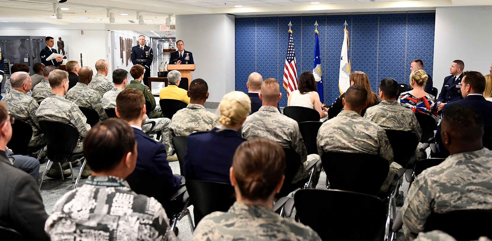 Chief of Staff of the Air Force Gen. David L. Goldfein speaks during the Gen. Lew Allen Jr. award ceremony at the Pentagon, Arlington, Va., April 27, 2018. The annual award, named after the 10th CSAF, recognizes the accomplishments of base-level officers and senior NCOs in their performance of aircraft, munitions or missile maintenance. (U.S. Air Force photo by Staff Sgt. Rusty Frank)