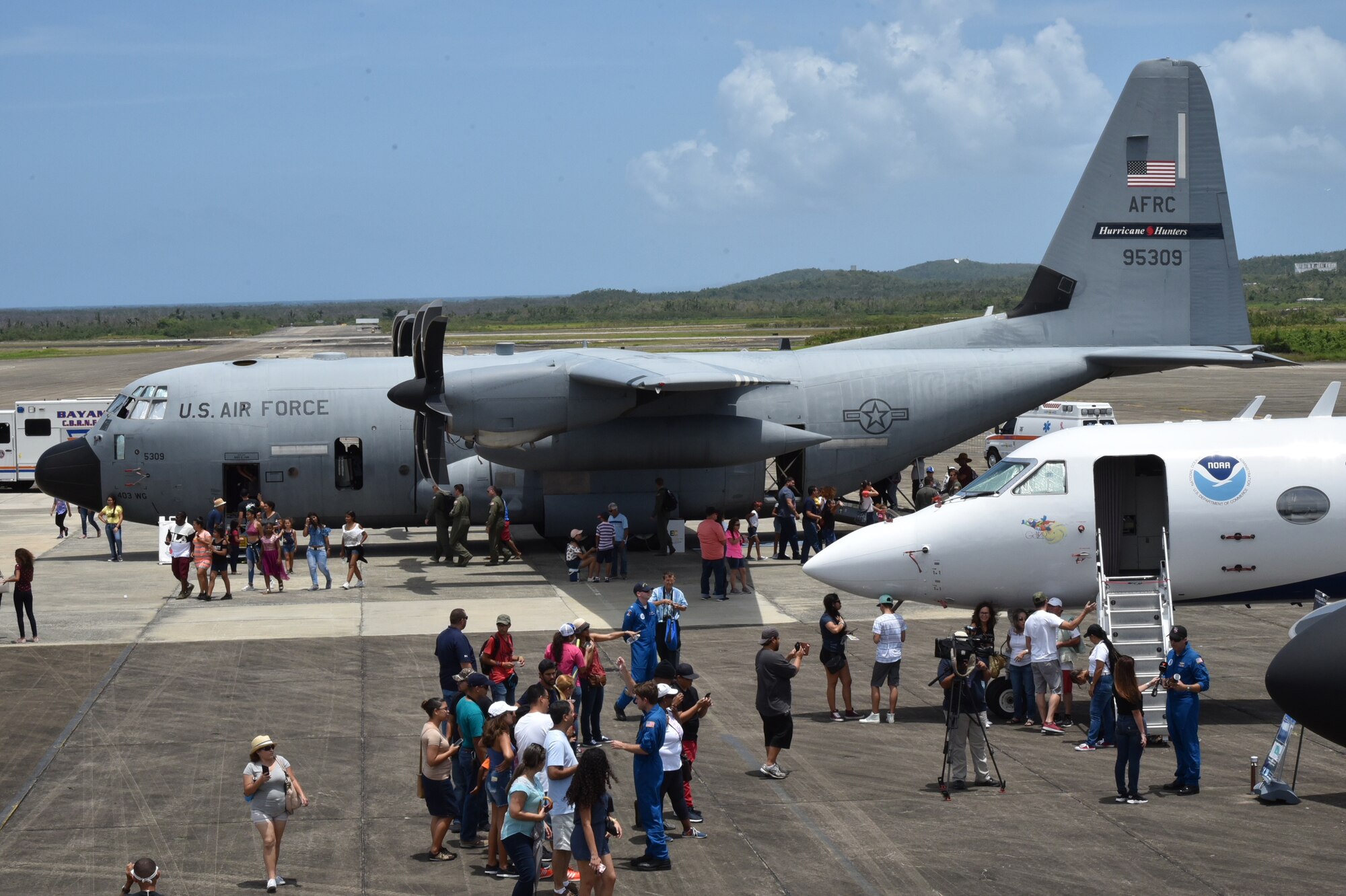 The 53rd Weather Reconnaissance Squadron, also known as the Air Force Reserve Hurricane Hunters, and the National Oceanic and Atmospheric Administration hosts the 2018 Caribbean Hurricane Awareness Tour, April 23-28. The tour is designed to help communities in Mexico and the Caribbean prepare for the season and the coming storms. Visitors toured a WC-130J Super Hercules hurricane hunter aircraft and the NOAA Gulfstream IV. (U.S. Air Force photo by Master Sgt. Jessica Kendziorek)