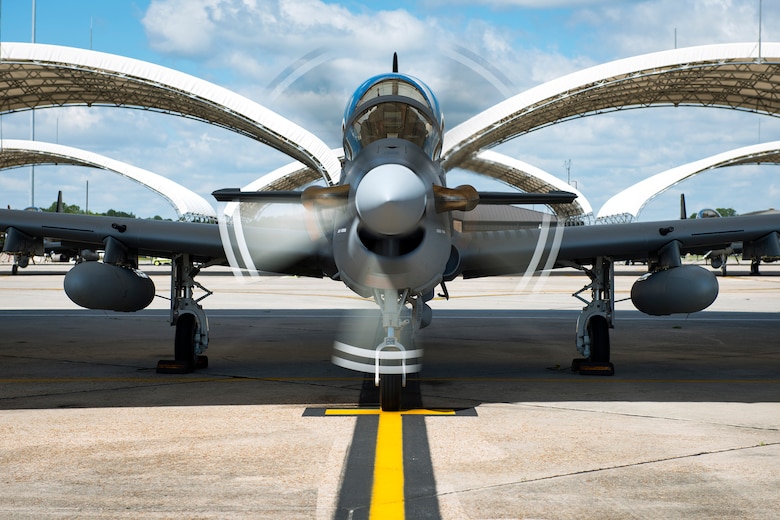 An A-29 Super Tucano arrives at Moody Air Force Base, April 24, 2018.  The 81st Fighter Squadron received the aircraft to help continue the Afghan light air support training mission, which ultimately provides Afghan pilots with the capabilities of finding, tracking and attacking targets either on their own or in support of ground forces. The aircraft will be used by the Afghan Air Force for close-air attack, air interdiction, escort and armed reconnaissance. (U.S. Air Force photo by Airman 1st Class Erick Requadt)