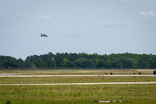 An A-29 Super Tucano lands on the flight line, April 26, 2018, at Moody Air Force Base, Ga. The 81st Fighter Squadron received the aircraft to help continue the Afghan light air support training mission, which ultimately provides Afghan pilots with the capabilities of finding, tracking, and attacking targets either on their own or in support of ground forces. The aircraft will be used by the Afghan Air Force for close-air attack, air interdiction, escort and armed reconnaissance. (U.S. Air Force photo by Airman 1st Class Erick Requadt)