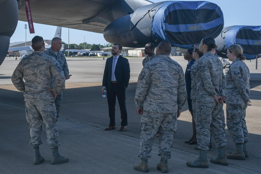 U.S. Air Force Master Sgt. Greg Steele, an armament systems technician assigned to the 307th Maintenance Squadron, gives a tour of the B-52 Stratofortress to Airmen from the 307th Force Support Squadron as well as Brian Liesveld (right), the new 307th Force Support Squadron honorary commander, his wife, Erin Liesveld on Barksdale Air Force Base, La. April 29, 2018.