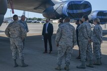 U.S. Air Force Master Sgt. Greg Steele, an armament systems technician assigned to the 307th Maintenance Squadron, gives a tour of the B-52 Stratofortress to Airmen from the 307th Force Support Squadron as well as Brian Liesveld (right), the new 307th Force Support Squadron honorary commander, his wife, Erin Liesveld on Barksdale Air Force Base, La. April 29, 2018.