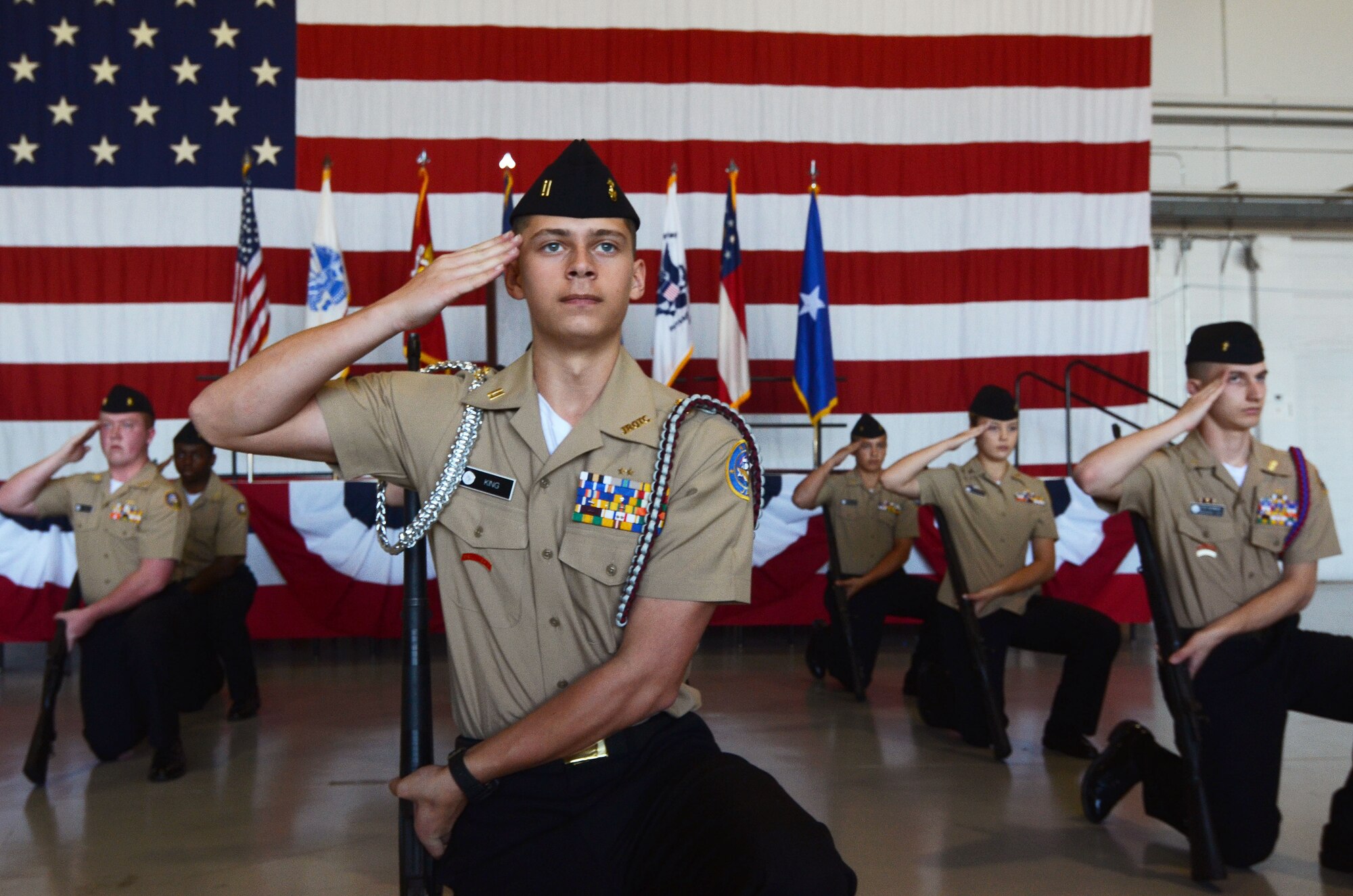 The Lassiter-Pope-Kell Navy JROTC drill team performs at this year's Academy Day, held at Dobbins Air Reserve Base, Ga. April 28, 2018. (U.S. Air Force photo/Don Peek)