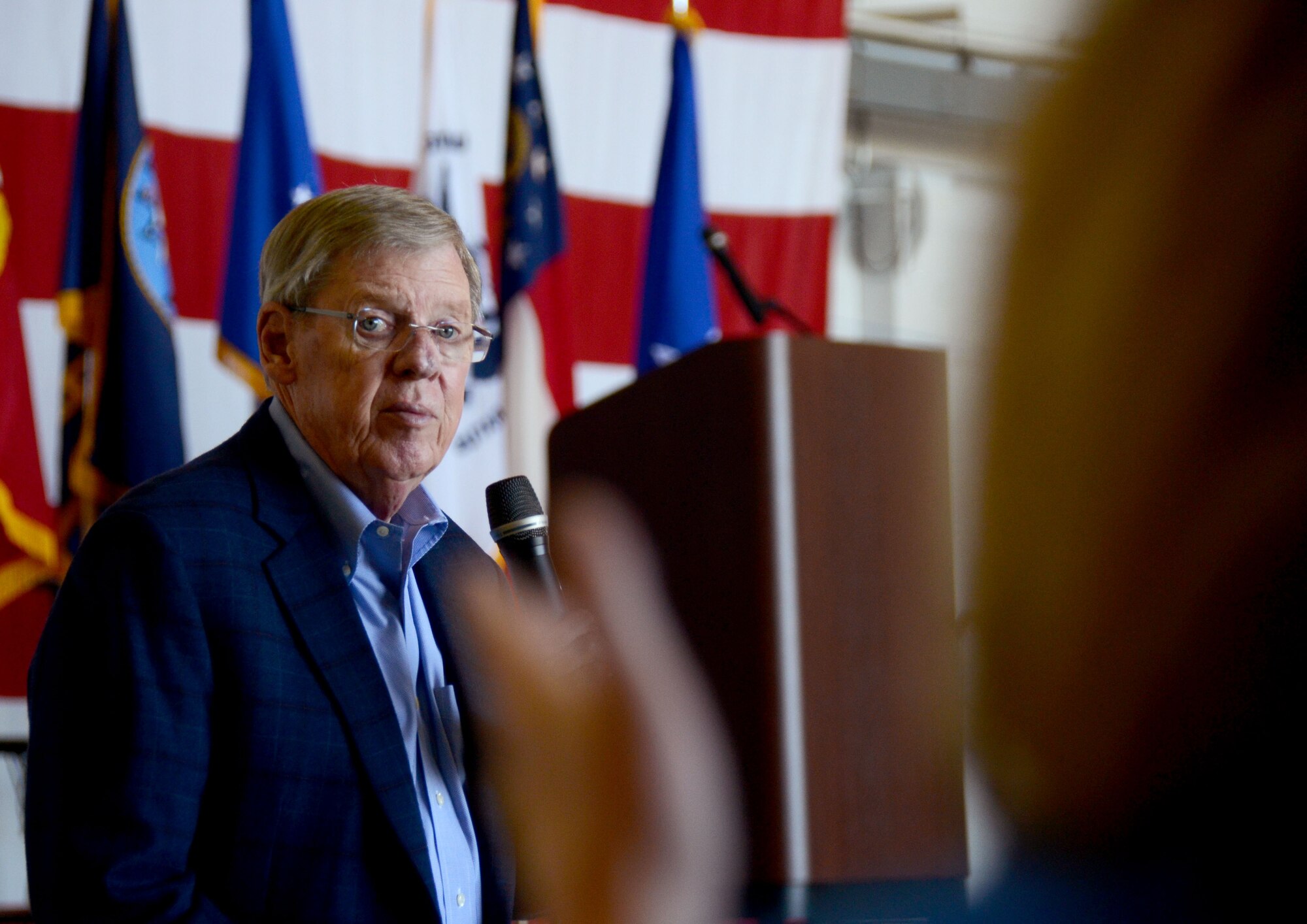 U.S. Sen. Johnny Isakson, speaks to attendees at this year's Academy Day, held at Dobbins Air Reserve Base, Ga. April 28, 2018. He discussed the process for applying to the U.S. military academies, which includes gaining a congressional nomination as part of the application process. (U.S. Air Force photo/Don Peek)