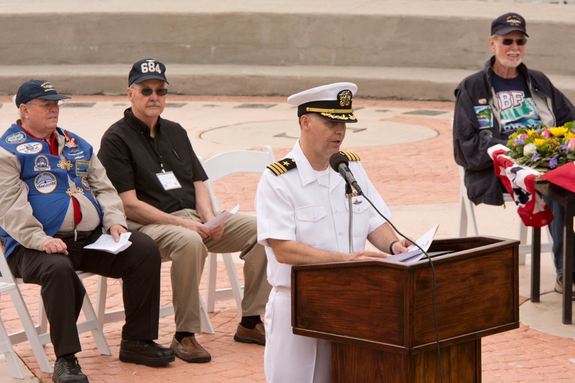 Retired U.S. Navy Cmdr. (SS) Bryan Lethcoe, speaks to a former crewmembers, families and friends of the USS Cavalla SS - SSK - AGSS – 244 and USS Cavalla (SSN 684) during the “All Cavalla Reunion Memorial Service” at Seawolf Park in Galveston, Texas, April 21, 2018.