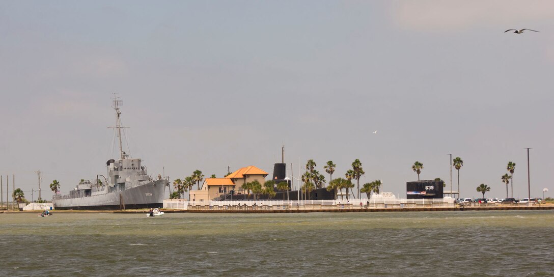 Seawolf Park, as seen from the deck of the Robert C. Lanier, a Galveston-Port Bolivar ferry, April 22, 2018, just north of Galveston, Texas.
