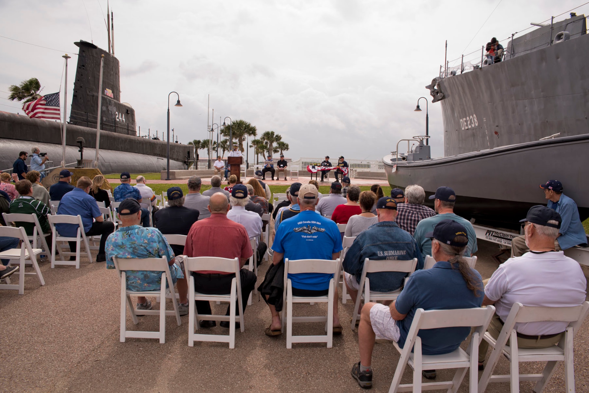 Former crewmembers of submarines USS Cavalla SS - SSK - AGSS - 244 and USS Cavalla SSN 684 gather with their shipmates, families and friends at Seawolf Park in Galveston, Texas, for the “All Cavalla Reunion Memorial Service,” April 21, 2018.
