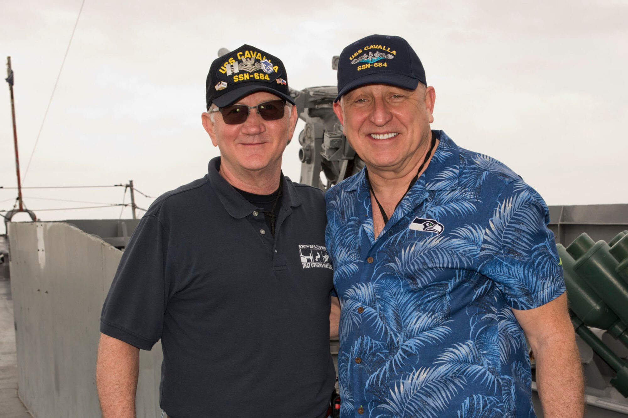 (Right) Former U.S. Navy Torpedoman’s Mate Petty Officer 2nd Class (SS) Jeff Walston and Interior Communications Electrician PO2 (SS) Henry Zawadzki, pose for a photo aboard the USS Stewart (DE 238) at Seawolf Park in Galveston, Texas, April 21, 2018, while attending the All Cavalla Reunion 2018, a bi-annual gathering of former crewmembers of the USS Cavalla.