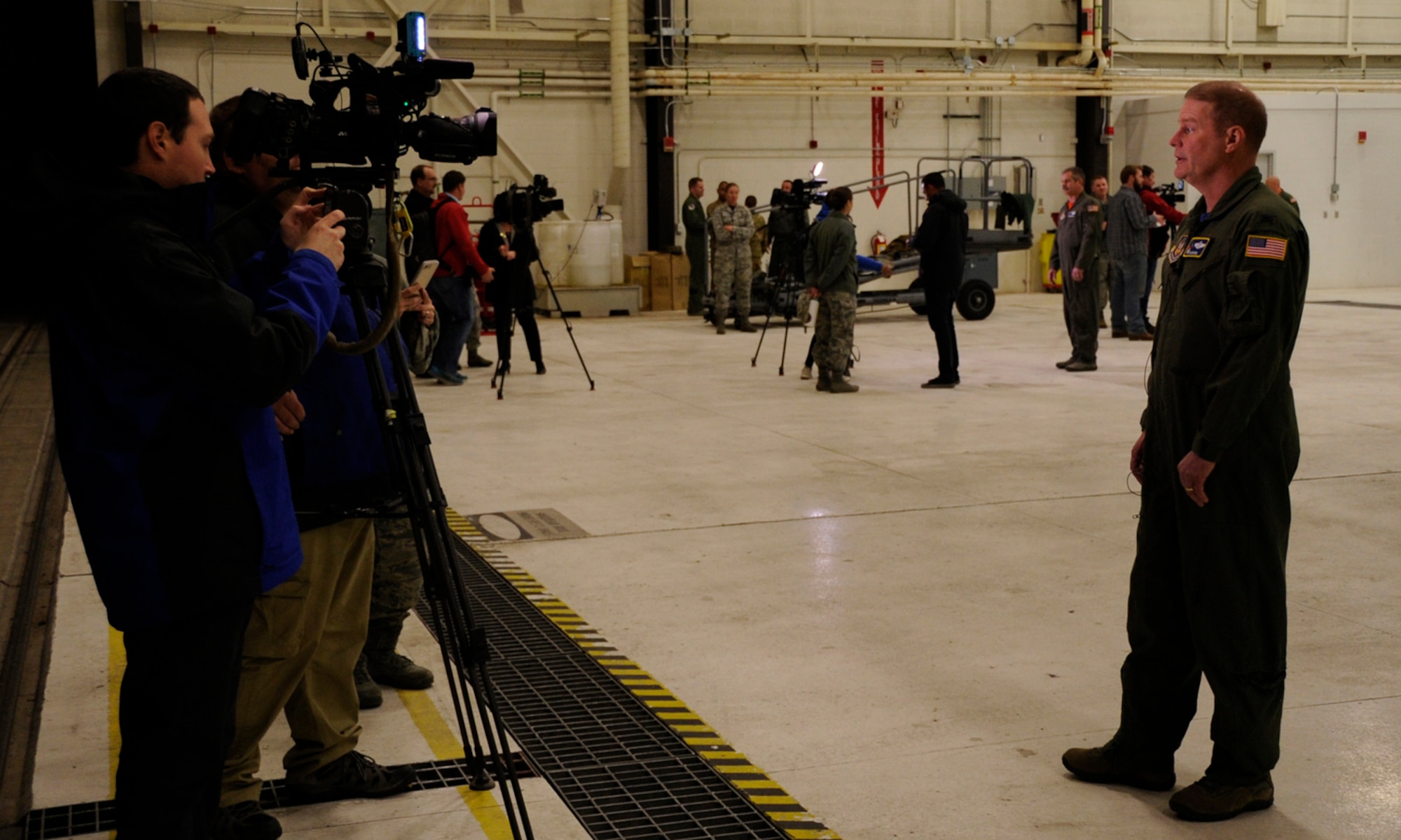 Col. James DeVere, 302nd Airlift Wing commander, speaks with local news crews during the wing’s Modular Airborne Fire Fighting System Media Day, April 20, 2018, at Peterson Air Force Base, Colorado.