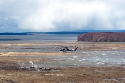 Two HH-60s took to the skies above JBER for the week-long training. The pilots and crew maneuvered though various scenarios before firing at stationary targets.