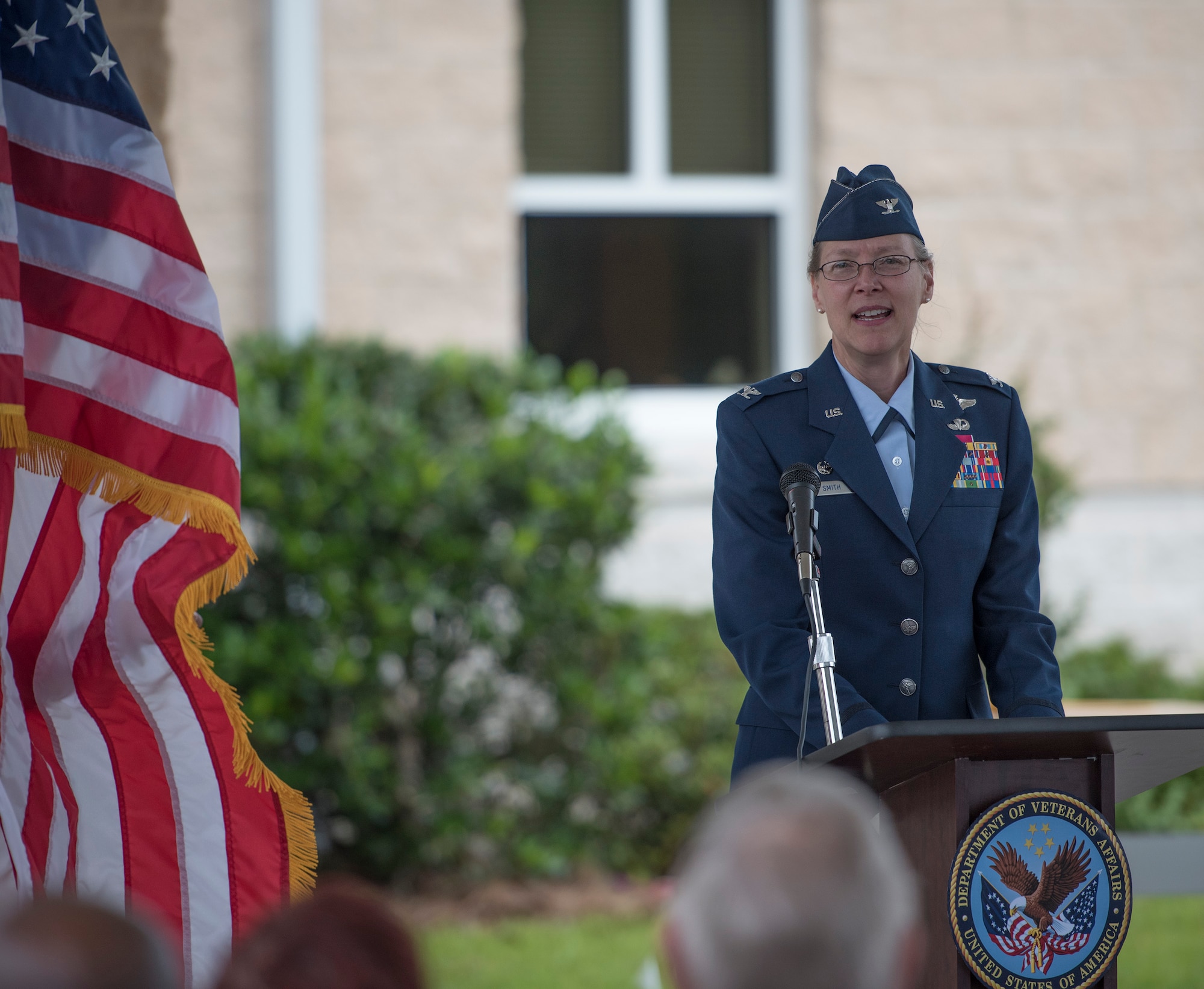 Col. Pamela Smith, 96th Medical Group commander, addresses attendees during the Veterans Affairs Clinic's ribbon-cutting ceremony April 26 at Eglin Air Force Base, Fla.