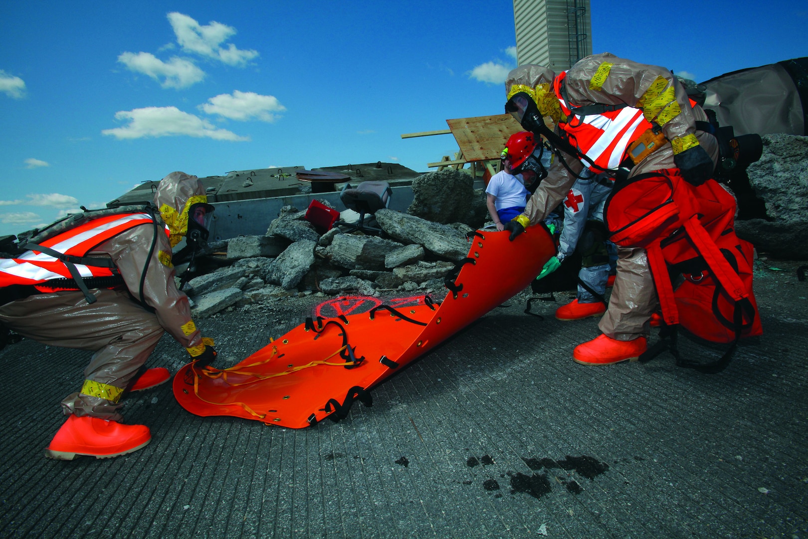 New Jersey National Guard members participate at a Homeland Response Force (HRF) External Evaluation in 2012. HRFs help provide the initial military response to a CBRN incident. (U.S. Air Force/ Mark C. Olsen)