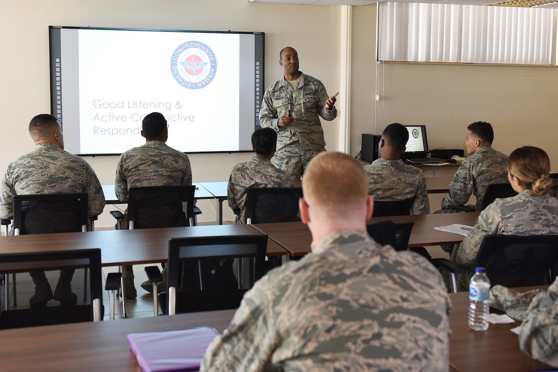 U.S. Air Force Master Sgt. Dexter Robinson, 39th Force Support Squadron career assistance advisor, speaks with Airmen during the First Term Airmen Course at Incirlik Air Base, Turkey, July 24, 2018.