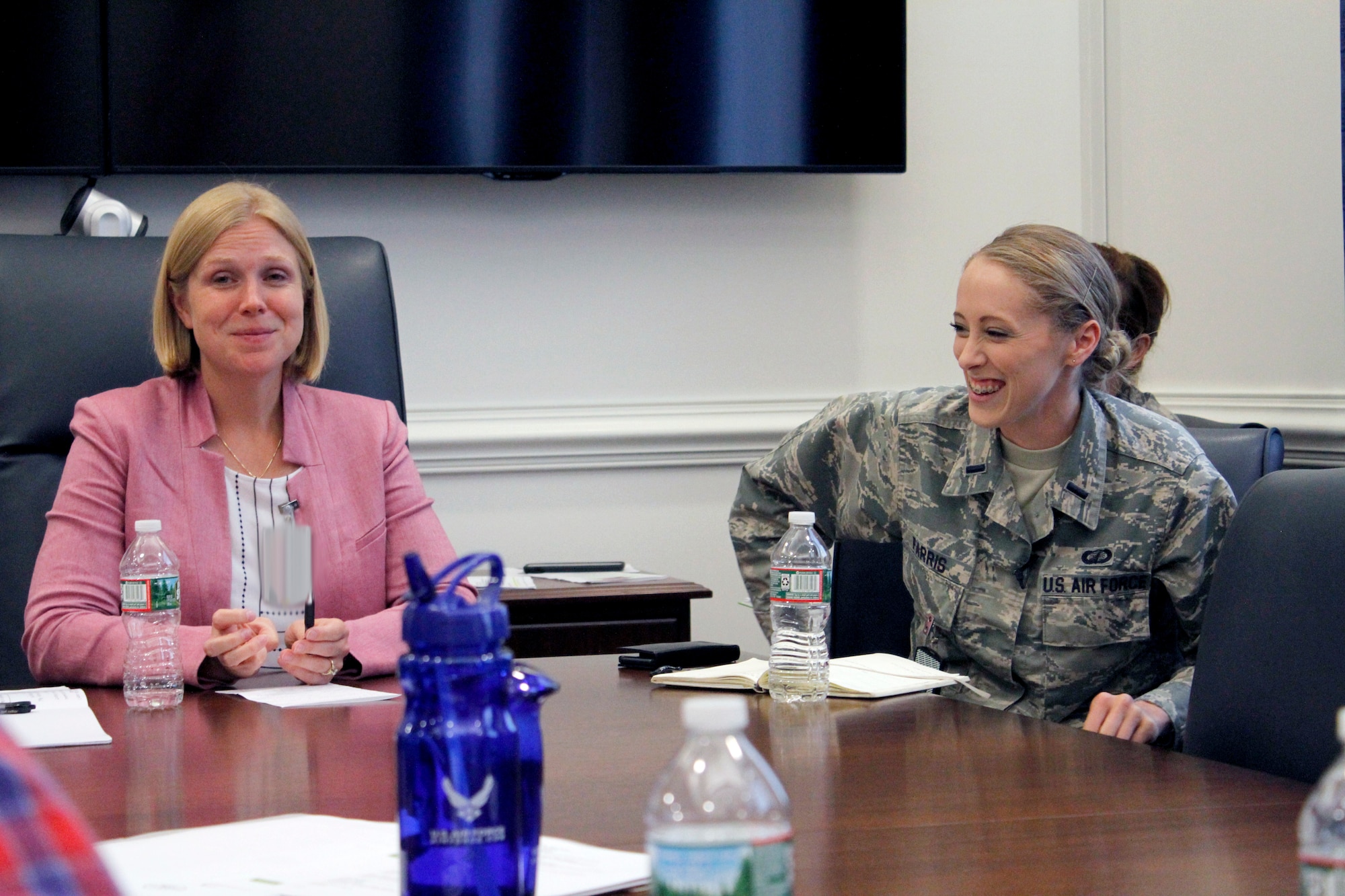 (From left to right) Lauren Knausenberger, director of Cyberspace Innovation, and 1st Lt. Jessica Farris, program manager and engineer, Air Force Life Cycle Management Center, Agile Combat Support Directorate, participate in a women in technology panel during the Air Force Conference, also known as AFCON, at the Pentagon, July 19. AFCON is a one-day immersion into Air Force technology, culture and operations designed for long-form storytellers who typically do not cover the military. (Air Force photo / Svetlana Bilenkina)