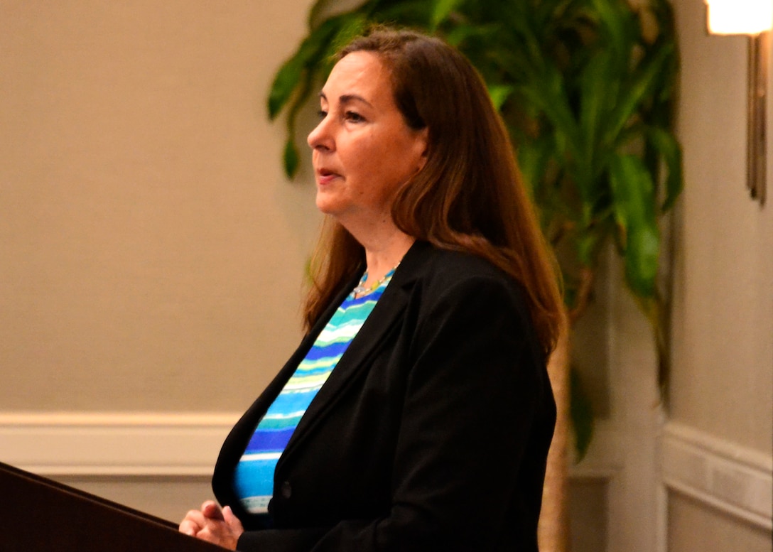 Janine Samoni, strategic material sourcing group division chief with the Subsistence supply chain, speaks to a group of industry representatives during a DLA Ingredients Industry Day July 19. The event focused on making the process of restricting or banning ingredients from the Joint Service Buyer’s Guide more transparent to industry and manufacturers.