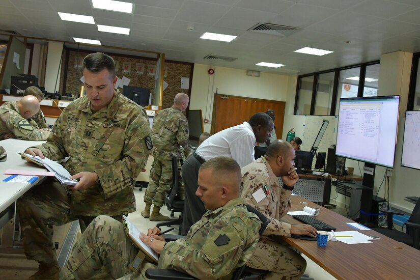 Soldiers with Task Force Spartan and the United Arab Emirates Land Force Component participate in the Iron Union 7 exercise July 9, 2018. The exercise brought together U.S. and Emirati soldiers to improve coordination and communication.