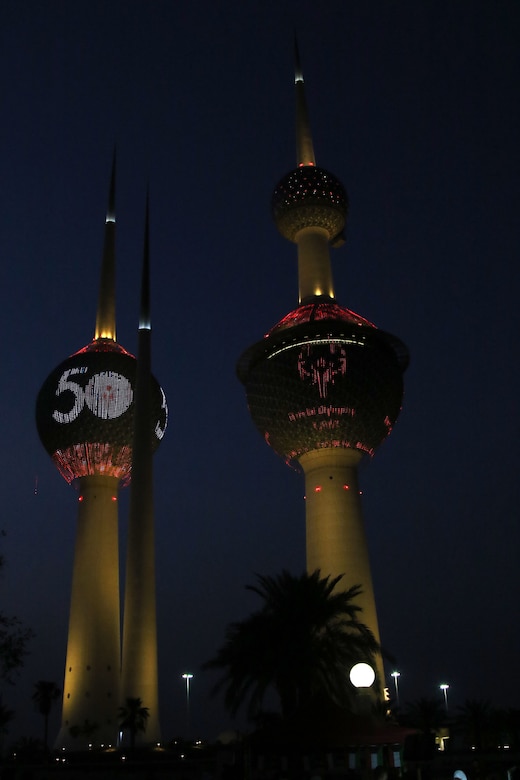 The lighting display at Kuwait Towers honor the 50th anniversary of Special Olympics July 19, 2018. A celebration in Kuwait City was one of many such events around the world.