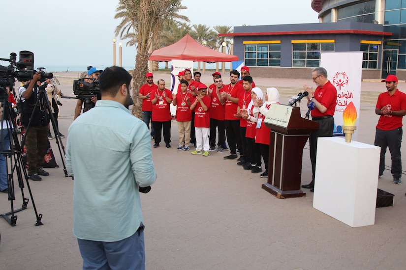 U.S. Ambassador to Kuwait Lawrence Silverman (at podium) was one of several dignitaries on-hand to pay tribute to Special Olympics on the organization’s 50th Anniversary. Silverman talked about the organization’s history and its importance now at a celebration at the Kuwait Towers July 19, 2018.