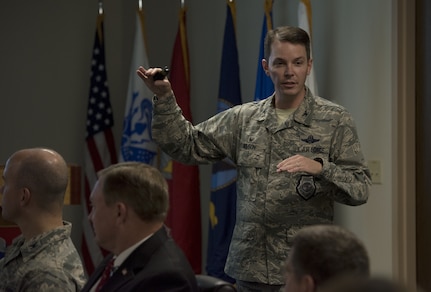 U.S. Air Force Col. Jeffery Nelson, 628th Air Base Wing commander, gives a mission brief, to the Defense Health Agency leadership July 30, 2018.