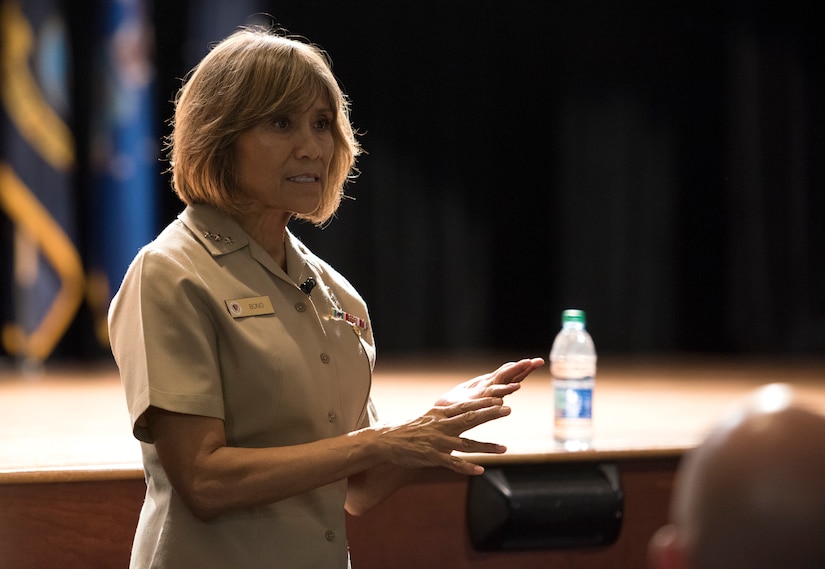 U.S. Navy Vice Adm. Raquel Bono, Defense Health Agency director, answers questions during a medical group meeting July 30, 2018, at Joint Base Charleston. The entire visit consisted of a consolidated mission brief, a strategic discussion with military medical senior leadership, a 628th Medical Group facility walking tour and ended with an in-depth question and answer session regarding the transition of Air Force military treatment facilities to DHA.
