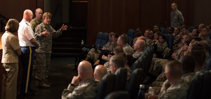 Defense Health Agency leaders and Lt. Gen. Dorothy Hogg, U.S. Air Force surgeon general, answer questions during a medical group meeting July 30, 2018, at Joint Base Charleston. The visit provided the opportunity for the group to field and answer questions from JB Charleston leadership and Airmen at the 628th Medical Group regarding the transition to one combined administration known as DHA.