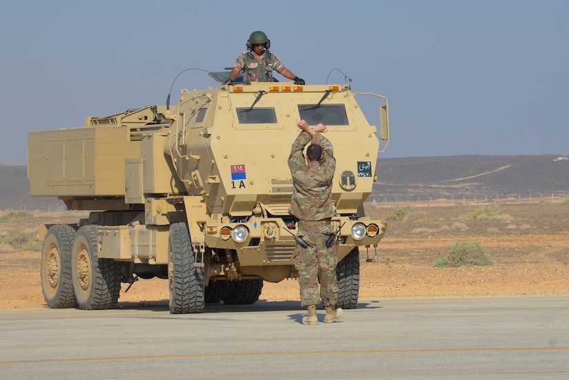 Soldiers with the U.S. Army’s Alpha Battery, 1st Battalion, 14th Field Artillery Regiment and the Jordanian Army’s 29th Royal HIMARS Battalion prepare for a High Mobility Artillery Rocket System (HIMARS) live-fire during the bi-lateral Lion Flight training exercise on July 23, 2018.