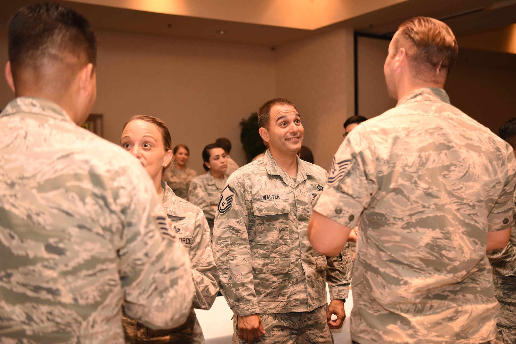 Airmen practice their interpersonal skills at the Enhancing Human Capital Course July 27, 2018, at the Pacific Coast Club on Vandenberg Air Force Base, Calif. During the course, Airmen participated in multiple interactive activities to help supplement the briefings and keep Airmen engaged. (U.S. Air Force photo by Airman 1st Class Hanah Abercrombie/Released)