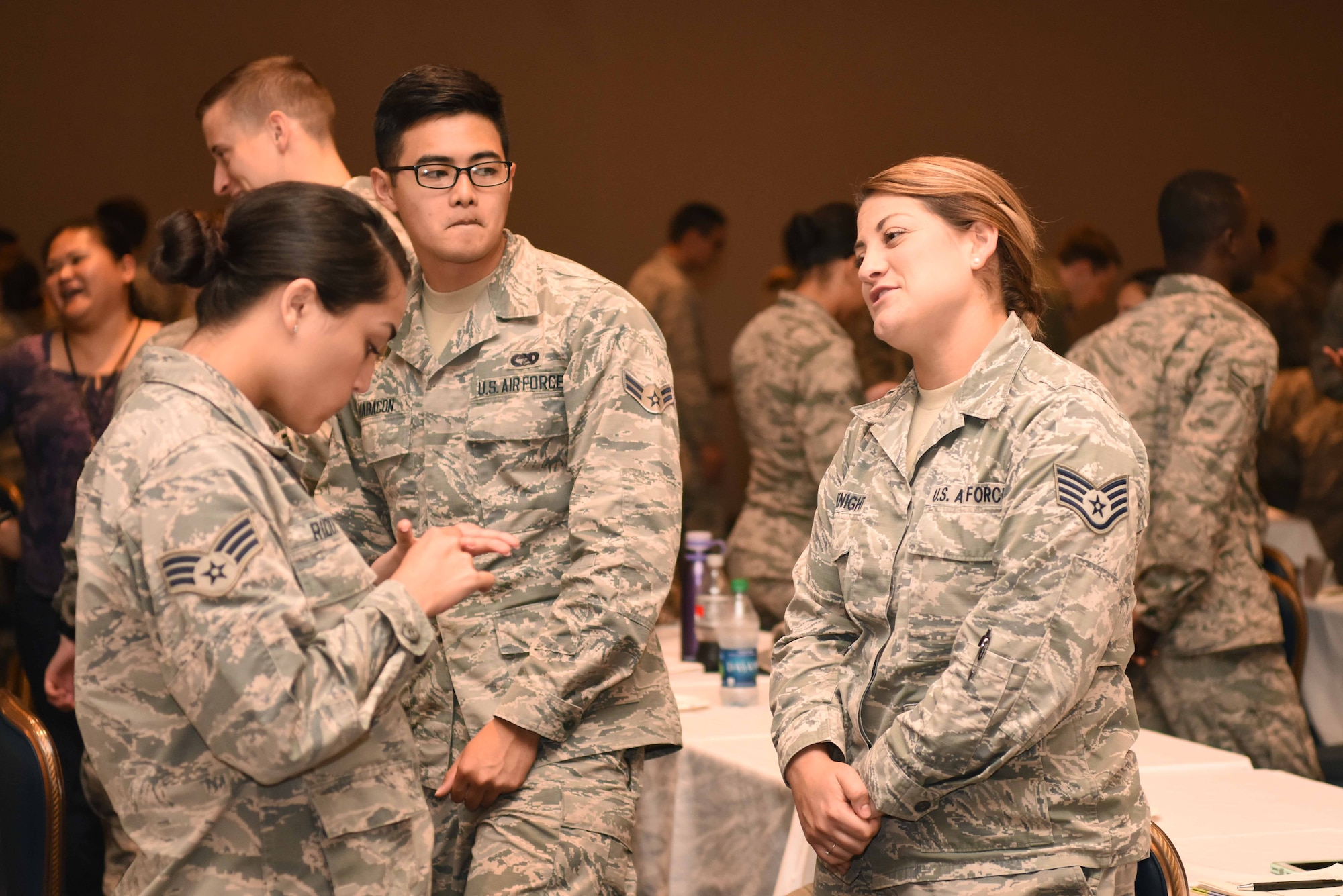 Airmen perform an exercise at the Enhancing Human Capital Course July 27, 2018, at the Pacific Coast Club on Vandenberg Air Force Base, Calif. Airmen were instructed to elaborate on something they felt passionately about and their partner was instructed not to listen. (U.S. Air Force photo by Airman 1st Class Hanah Abercrombie/Released)