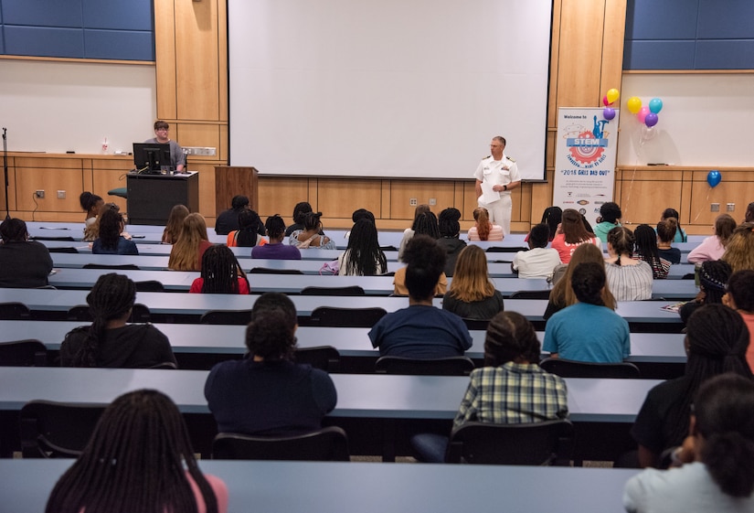 U.S. Navy Capt. Scott Heller, Space and Naval Warfare Systems Center (SSC) Atlantic commanding officer, kicks off the seventh annual Girls Day Out event at Trident Technical College July 26, 2018.