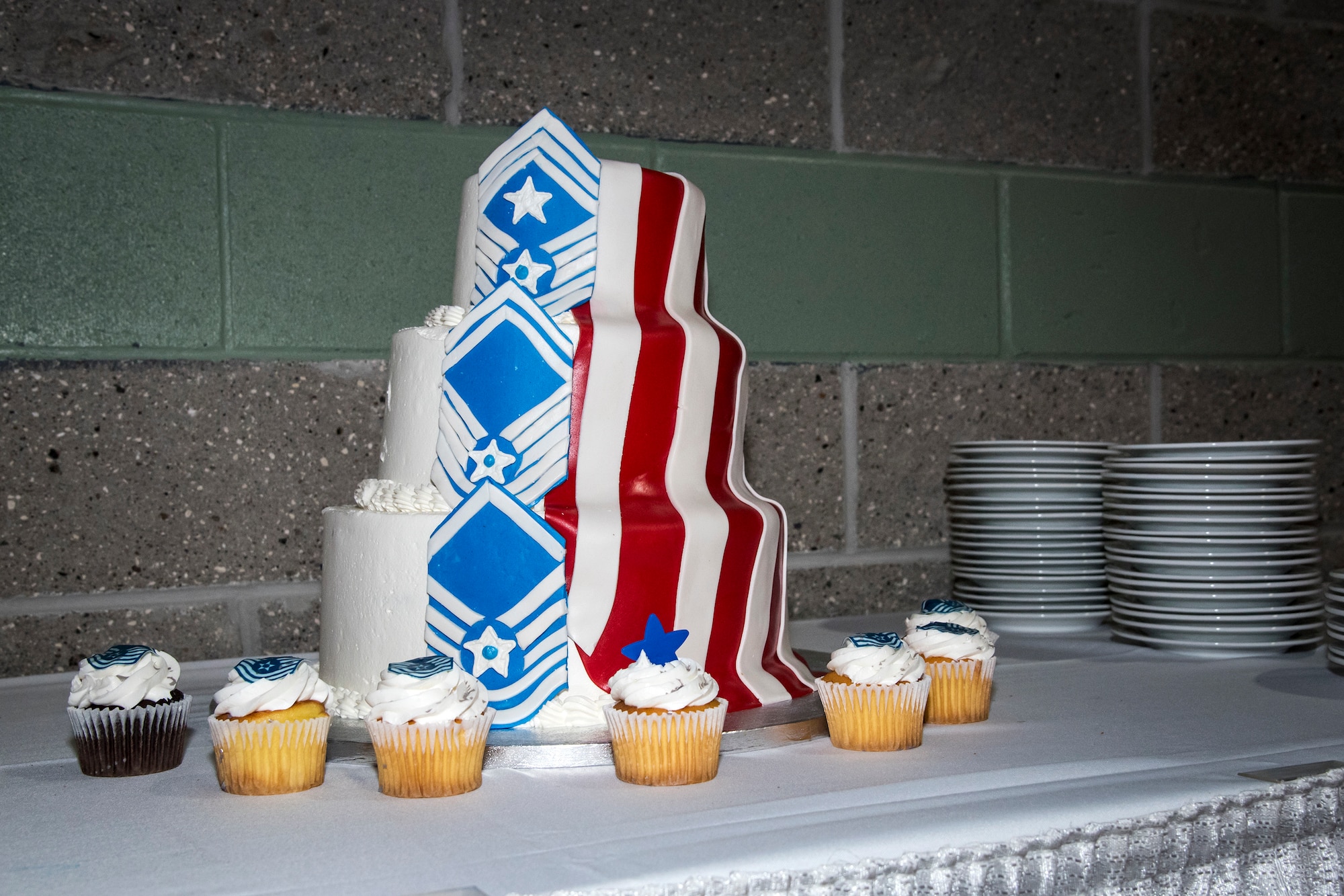 A cake displaying the ranks of the Air Force’s highest enlisted tier rests during Moody’s Senior NCO induction ceremony, July 27, 2018, in Valdosta, Ga. The ceremony honored Moody’s upcoming and newest Senior NCOs as they join the ranks of the highest enlisted tier. Senior NCOs lead and manage teams, provide guidance to leadership, translate leaders’ decisions into specific tasks, and help Airmen internalize the Air Force core values. (U.S. Air Force photo by Airman 1st Class Eugene Oliver)