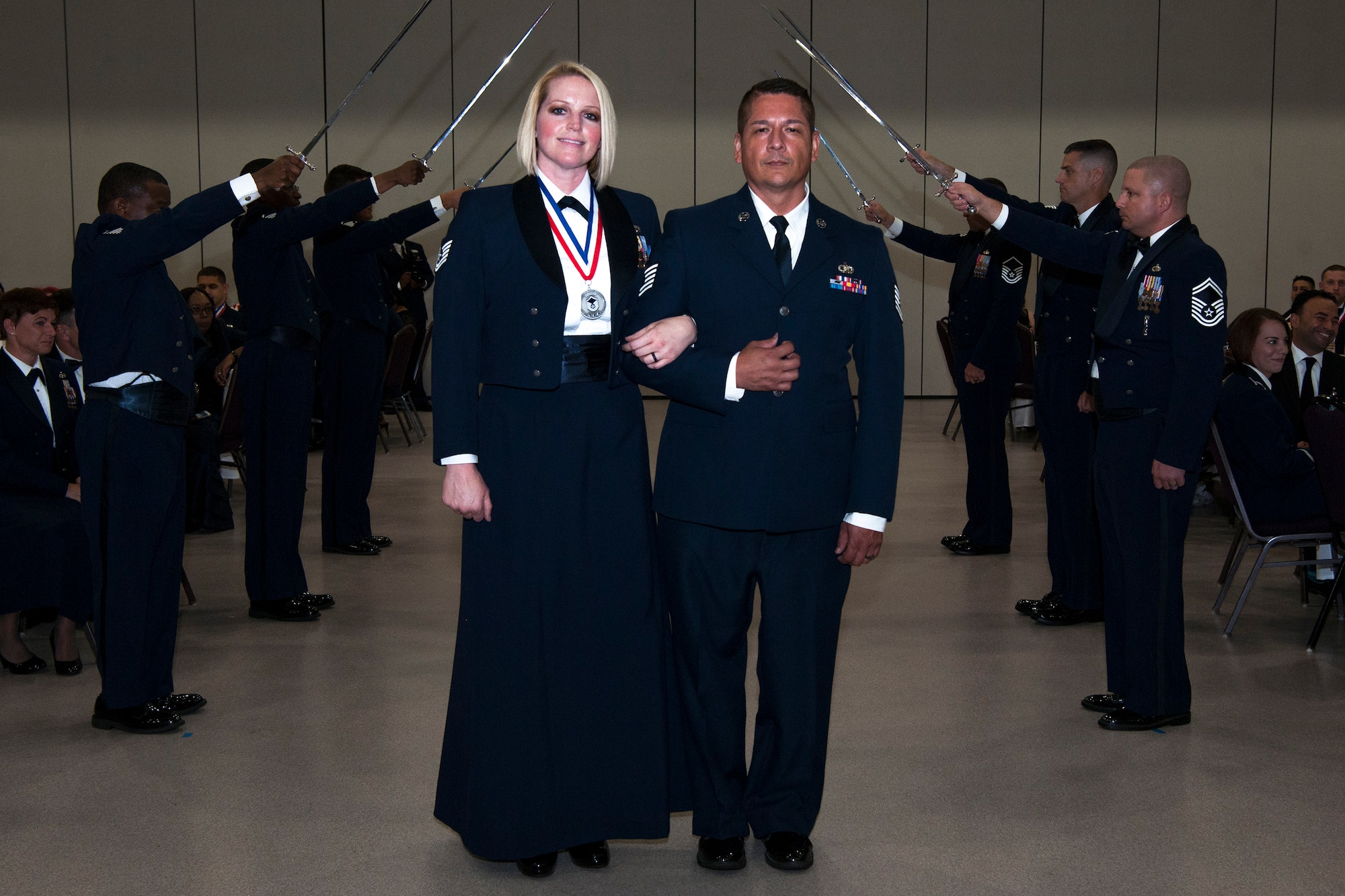 Tech. Sgt. Devon Godinez, left, 74th Aircraft Maintenance Unit support section chief, poses for a photo during Moody’s Senior NCO Induction Ceremony, July 27, 2018, at Moody Air Force Base, Ga. Prior to the ceremony, Moody’s newest and upcoming SNCOs participated in the week-long SNCO Professional Enhancement Seminar, which focused on preparing and equipping them to effectively lead and manage Airmen in an ever-changing Air Force. Godinez said the seminar broadened her perspective as a leader and is excited to implement the principles learned from the unique experience. (U.S. Air Force photo by Airman 1st Class Eugene Oliver)