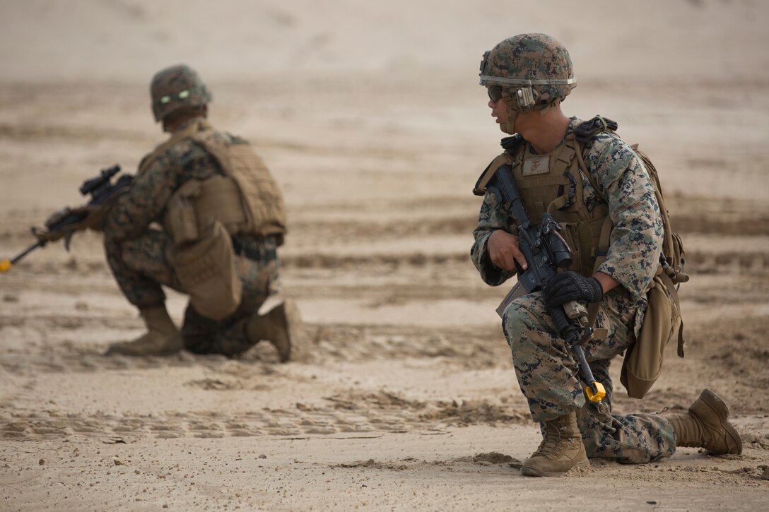 U.S. Marines with II Marine Expeditionary Force Support Battalion, II MEF Information Group, provide security during a battalion field exercise Camp Lejeune, N.C., July 17, 2018. The training was conducted to improve the Marines’ ability to perform combat tactics in a combat environment and maintain unit readiness. (U.S. Marine Corps photo by Lance Cpl. Camila Melendez)