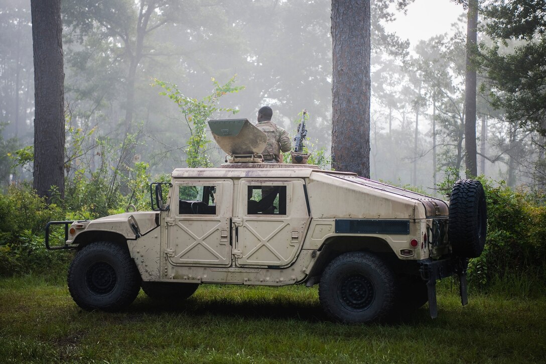 An Airman from the 822d Base Defense Squadron (BDS) scans the woods for simulated threats during a full mission profile assessment, July 24, 2018, at Moody Air Force Base, Ga. The ‘Safeside’ defenders evaluated their base defense tactics and procedures while performing patrols, tactical combat casualty care and countering improvised explosive devices for a mission readiness exercise. After successfully completing these events, the defenders are eligible to earn their Global Response Force status, which certifies the unit to deploy worldwide. (U.S. Air Force photo by Airman Taryn Butler)