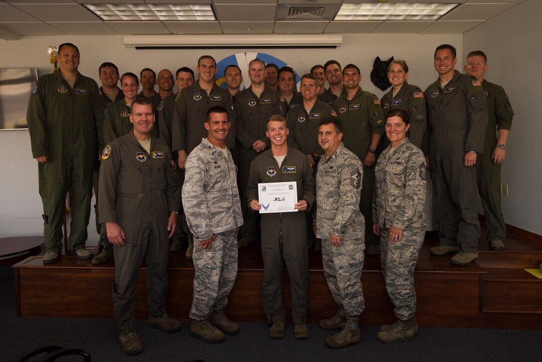 First Lieutenant Clay Reierson, 86th Flying Training Squadron instructor pilot and flight scheduler, was chosen by wing leadership to be the “XLer” of the week, for the week of July, 23, 2018, at Laughlin Air Force Base, Texas. The “XLer” award, presented by Col. Charlie Velino, 47th Flying Training Wing commander, is given to those who consistently make outstanding contributions to their unit and the Laughlin mission. (U.S. Air Force photo by Airman 1st Class Anne McCready)