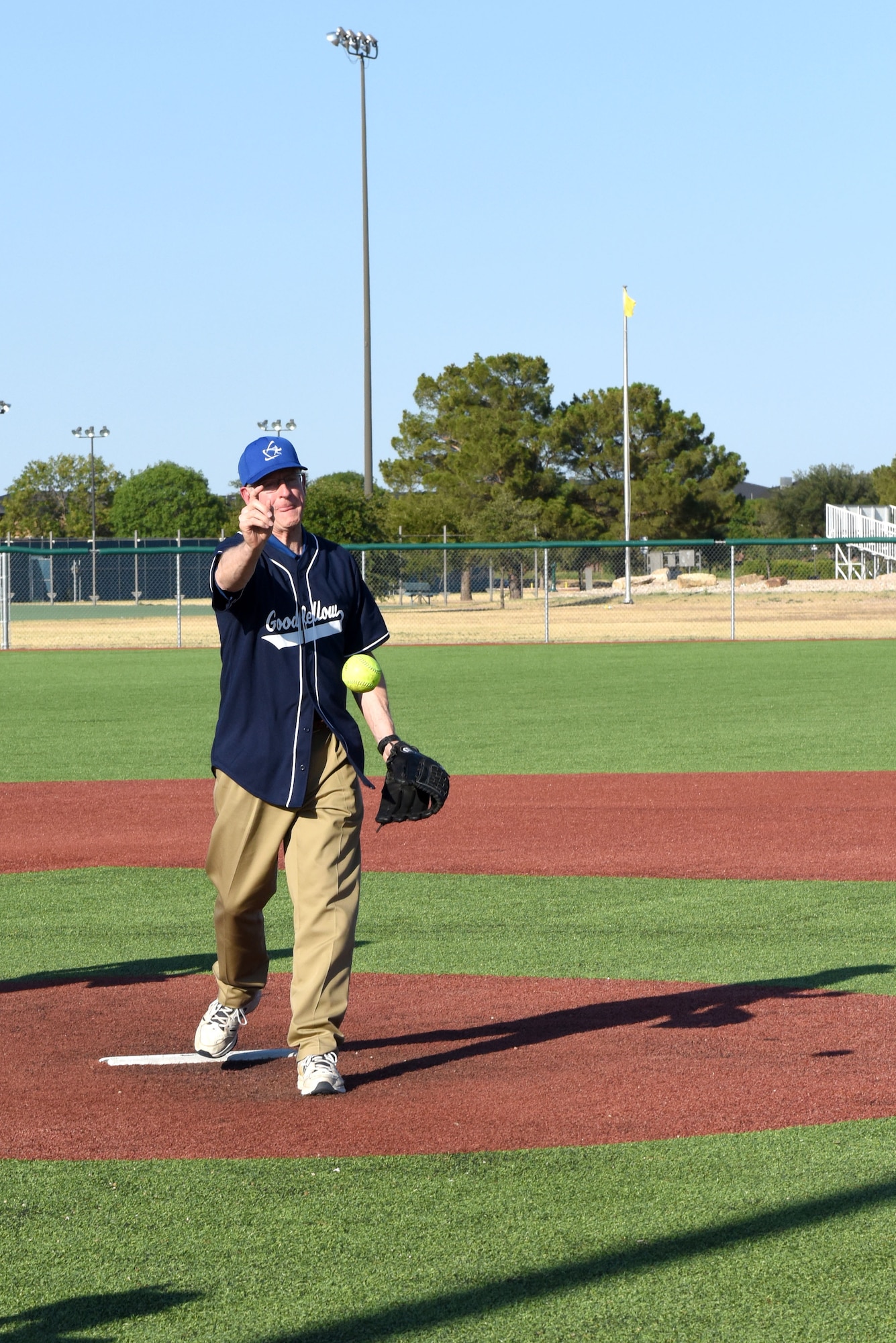 Texas Congressman Mike Conaway throws the first pitch to start the Stars and Strikes Softball game between Goodfellow and San Angelo at the Matthis Fitness Center softball field on Goodfellow Air Force Base, Texas, July 31, 2018. This was the first game between the base’s intramural team and the city’s all-star team. (U.S. Air Force photo by Airman 1st Class Seraiah Hines/Released)