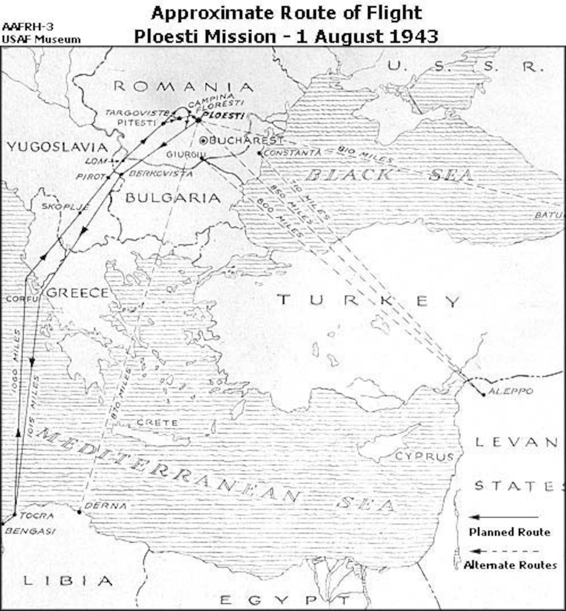 Approximate Route of Flight, Ploesti Mission - 1 August 1943. (U.S. Air Force photo)